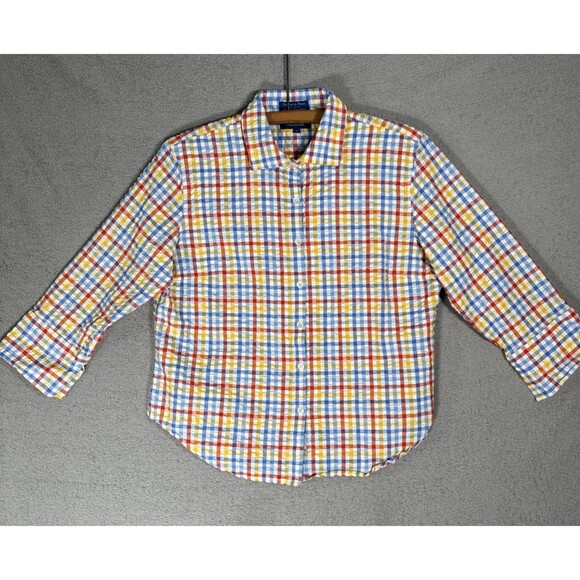 Faconnable Top Women’s Size L Gingham Plaid Seersucker Textured Colorful Teacher - Picture 1 of 16